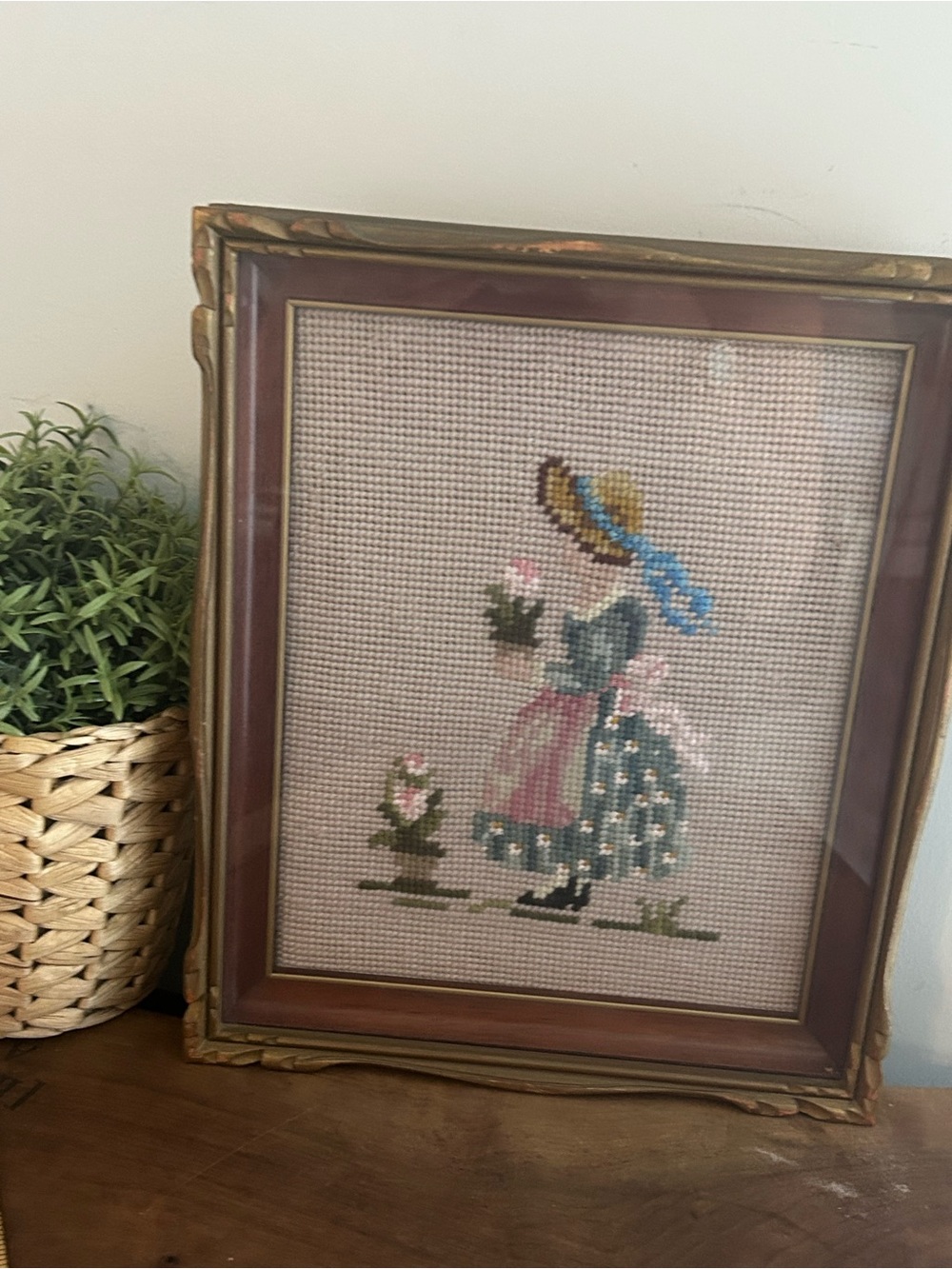 Vintage Framed Cross Stitch Girl in Floral Blue Dress flowers
